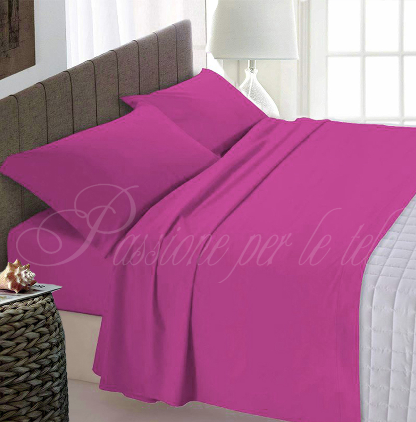 Completo lenzuola tinta unita misto cotone francese Fuxia