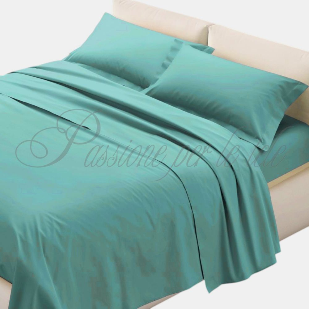 Completo lenzuola cotone percalle con federe 3 volani Matrimoniale Ottanio