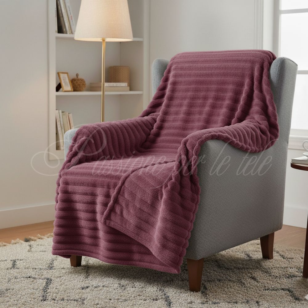 Plaid in pile con riga Matrimoniale 190x205 Prugna