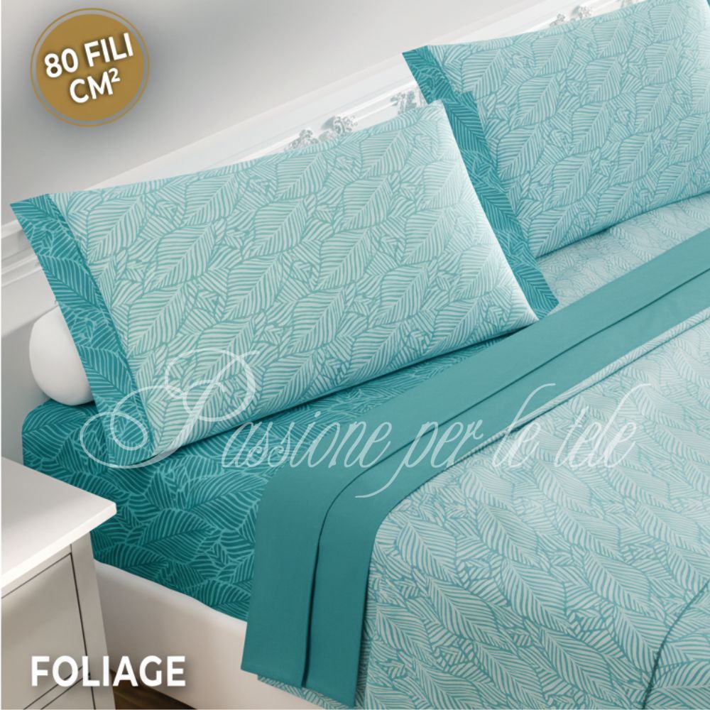 Completo letto percalle Foliage Matrimoniale Ottanio