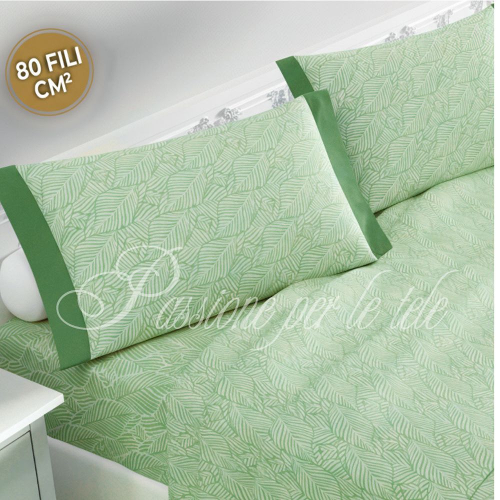 Completo letto percalle Foliage Matrimoniale Verde