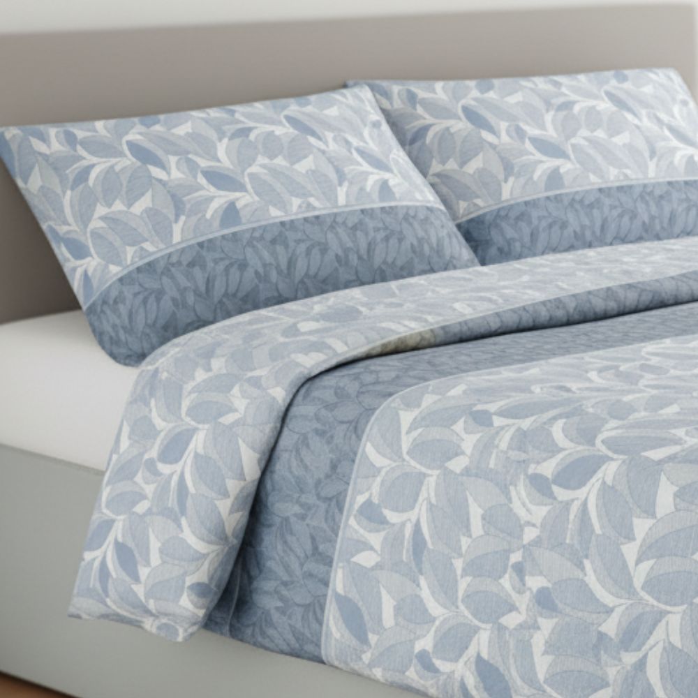 Completo lenzuola stampate zoom foglie Una piazza e mezza Celeste polvere