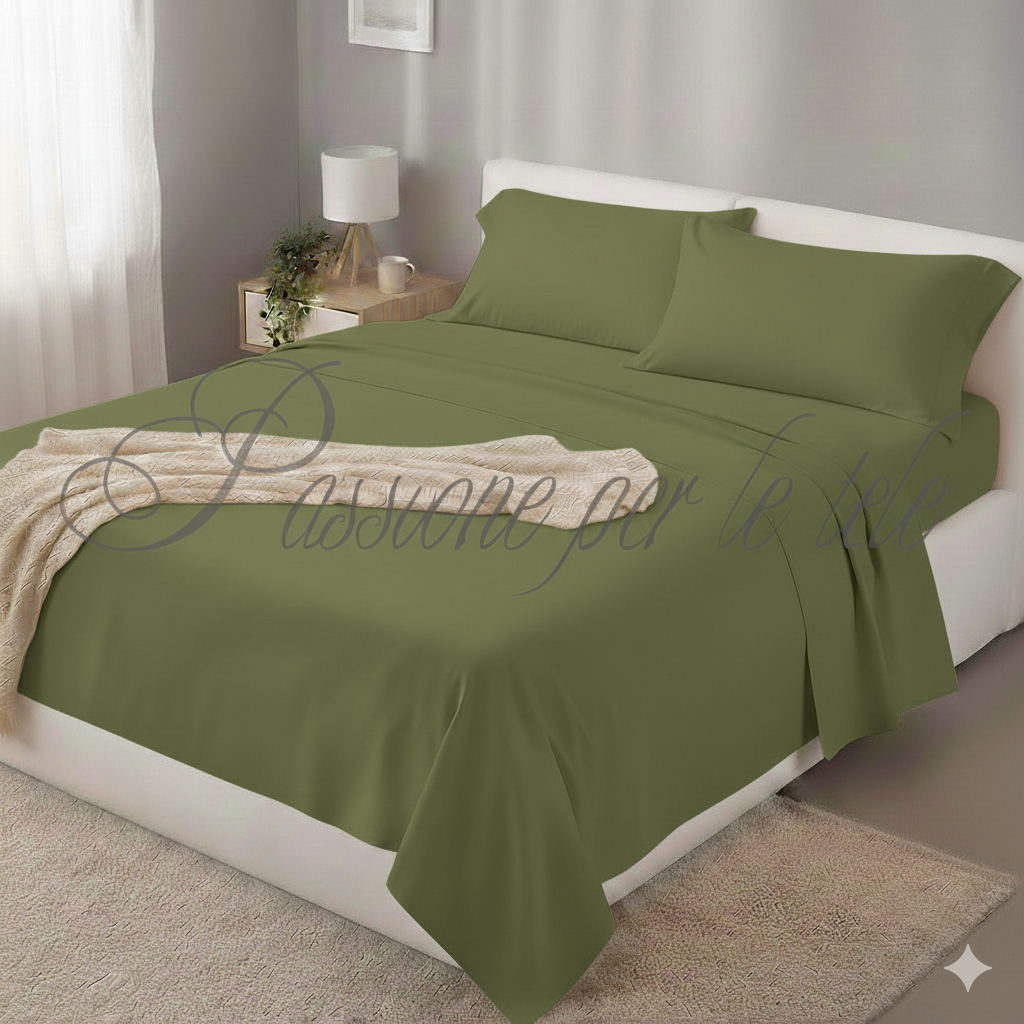 Completo lenzuola tinta unita misto cotone una piazza e mezza Oliva