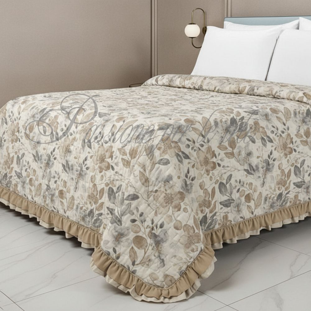 Copriletto trapuntato con volants fiori matrimoniale 260x260 Tortora