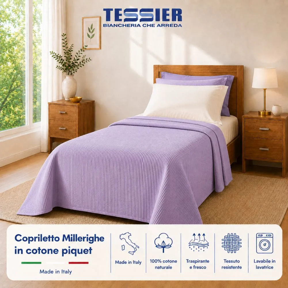 Copriletto Natural 100% cotone piquet millerighe Singolo Lilla