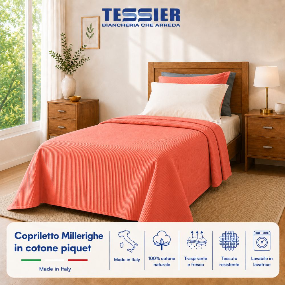 Copriletto Natural 100% cotone piquet millerighe Singolo Corallo