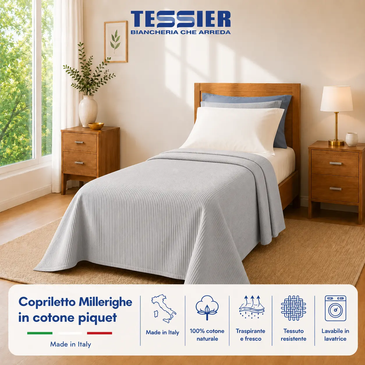 Copriletto Natural 100% cotone piquet millerighe Singolo Perla